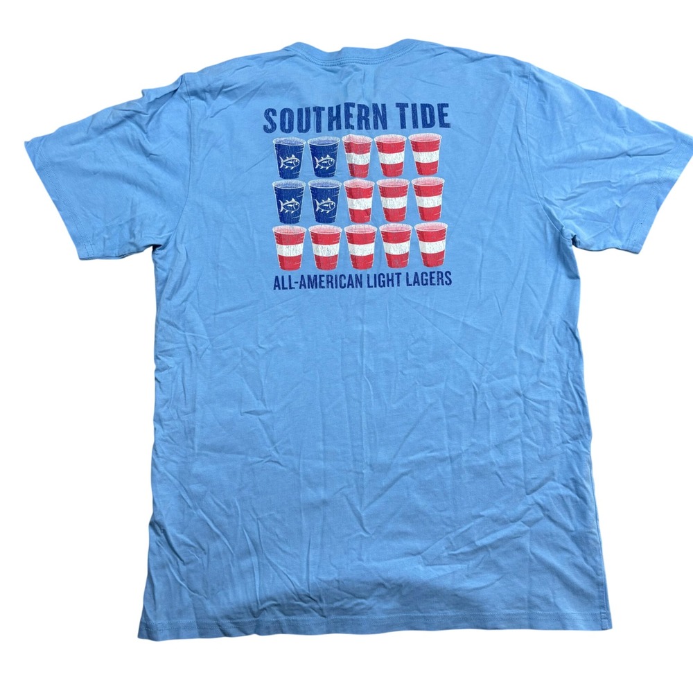 Southern Tide Mens All-American Light Lagers Cup Flag Pocket T-Shirt Blue L